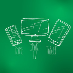 Vector hand-drawn smart phone, tv and tablet set on chalkboard