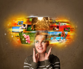 girl with colorful glowing photo memories concept