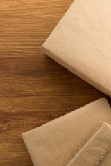 parcel wrapped packaged box on wood