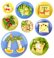 Collage of fun food for kids isolated on white
