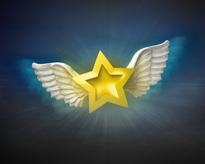 golden star with angelic wings flight in dark sky