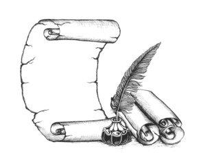 Writer set symbols: quill pen, scroll, inkwell