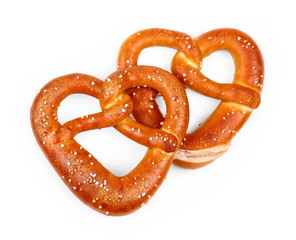 Two delicious Bavarian pretzel in heart shape