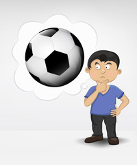 standing young boy thinking about soccer ball vector