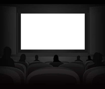 white black cinema screen with spectators in auditorium vector