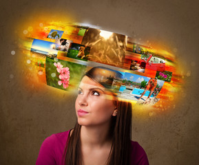 girl with colorful glowing photo memories concept