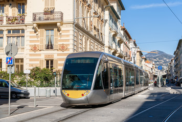 Tram on a street of Nice - French Riviera