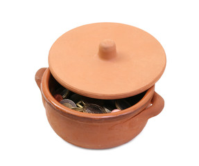 Ceramic pot full of Euro coins