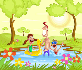 Fototapeta na wymiar Happy family splashing in pool