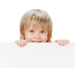 little boy with copy space desk on white background