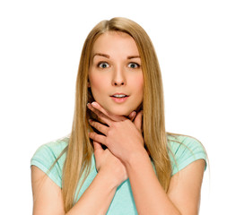 Fototapeta premium young woman showing negative sign on white background