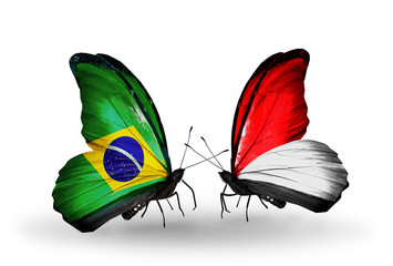 Two butterflies with flags Brazil and Monaco or Indonesia