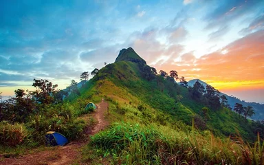 Foto op Plexiglas camping with sunrise on mountain © tawanlubfah