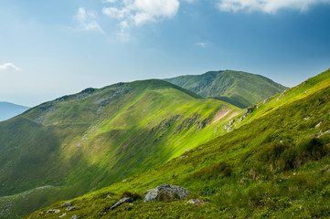 Obraz premium Summer mountains green grass and blue sky landscape.