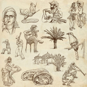 CUBA_1. Full sized hand drawn illustrations on old paper