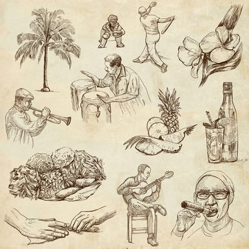 CUBA_2. Full sized hand drawn illustrations on old paper