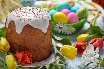 Cake and colorful eggs for Easter