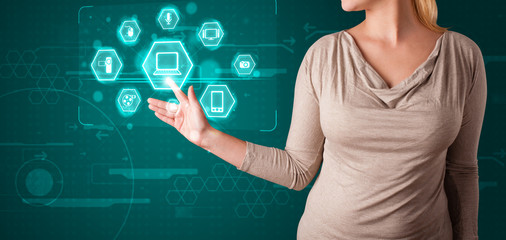 Girl pressing virtual media type of buttons