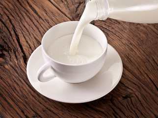 Milk pouring from the bottle in the white cup.