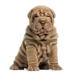 Shar Pei puppy sitting, looking at the camera, isolated on white
