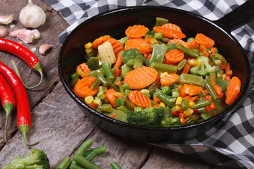 steamed vegetables in a pan on the table. horizontal