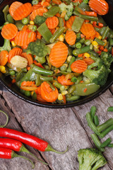 steamed vegetables in the pan. Vertical top view