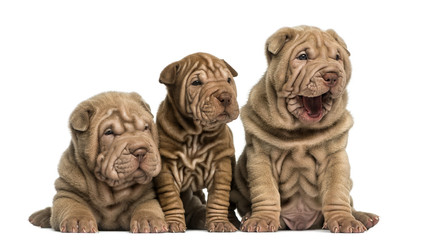 Front view of Shar Pei puppies sitting in a row