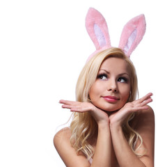 Sexy Woman with Bunny Ears. Playboy Blonde. Smiling Easter Girl