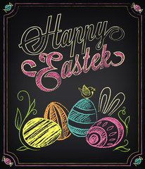 Obraz premium Vintage Happy Easter card with colored eggs. Freehand drawing