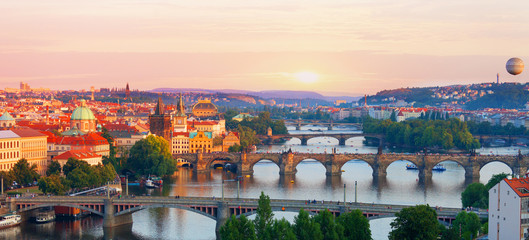 Prague, view of the Vltava River  in summer evening