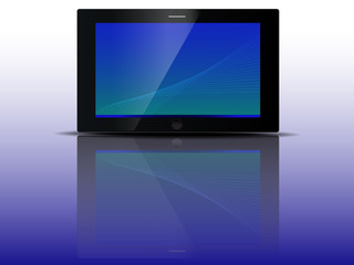 Black tablet with a blue screen and reflection