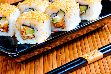delicious traditional Japanese rolls close-up