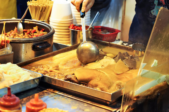 Boiling vat of offal at a Hong Kong street food stall