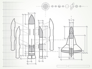 Naklejka premium blueprint with space shuttle scheme and planets