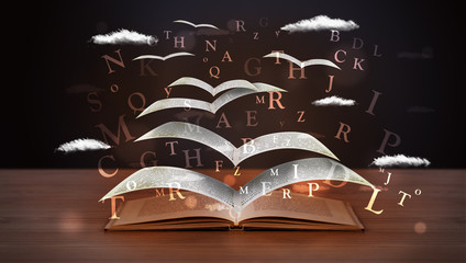 Pages and glowing letters flying out of a book