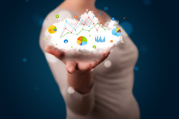 Young woman presenting cloud with charts and graph icons and sym