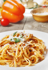 Pasta bolognese on the wooden table