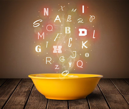 Colorful letters coming out of home cook soup bowl
