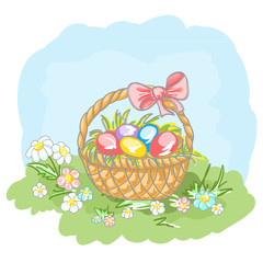 Basket decorated Easter eggs on sunny meadow with flowers.Vector