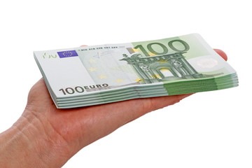 Stack of 100 euro banknotes in the palm