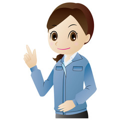 指をさす作業服の女性