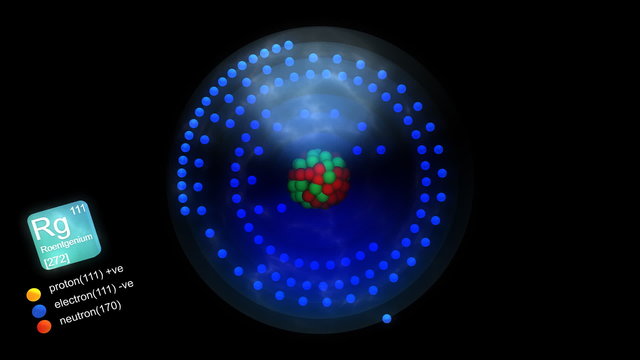 Roentgenium atom, with element's symbol, number, mass