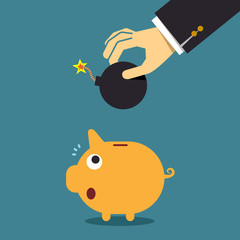 Businessman hand put a bomb to explode the piggy bank, Business