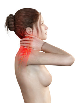 woman having a painful neck - visible spine