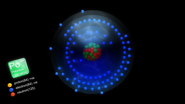 Polonium atom, with element's symbol, number, mass
