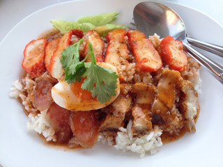 the rice with red pork on top, thai food