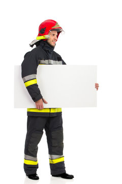 Fireman Carrying Blank Placard.