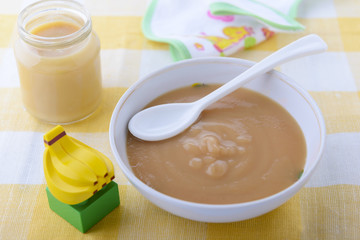 Banana puree in jar and plate for baby nutrition