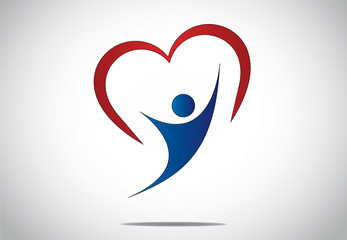 happy young person jumping with joy & happiness with red heart