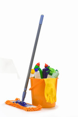 Cleaning items in bucket - obrazy, fototapety, plakaty